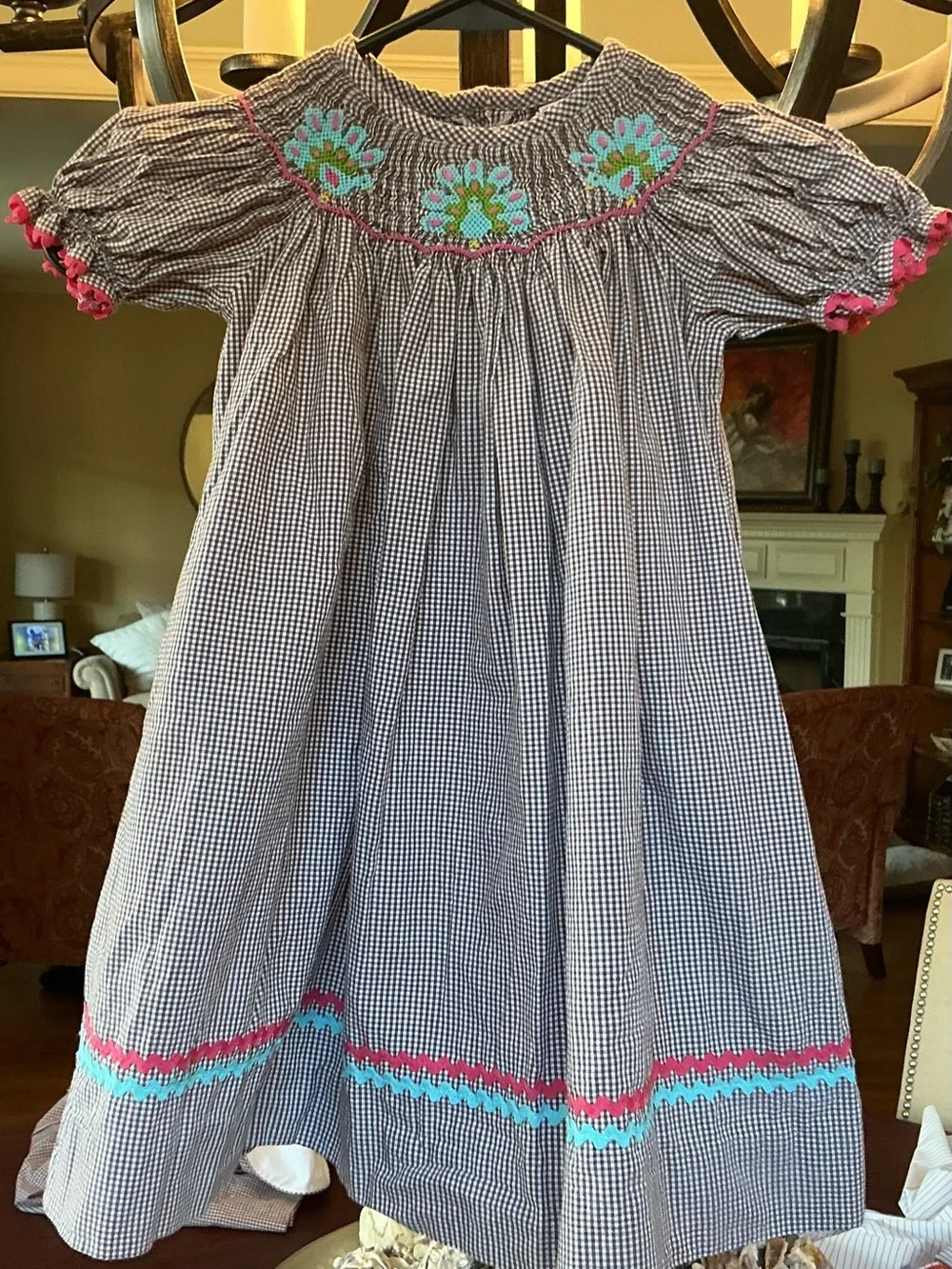 Shrimp and Grits Girls brown Gingham Smocked Thanksgiving dress 2T